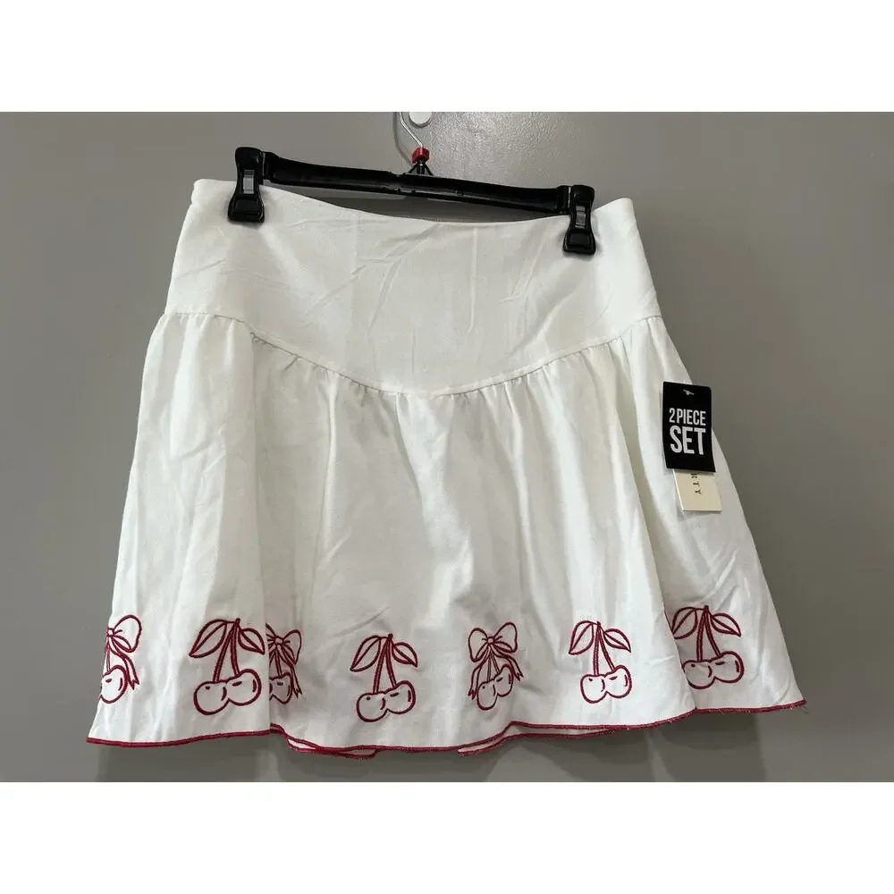 NWT Thirty/Thirty LA White Red Cherry Print Linen Blend 2 Piece skirt Set Size L - Picture 5 of 10